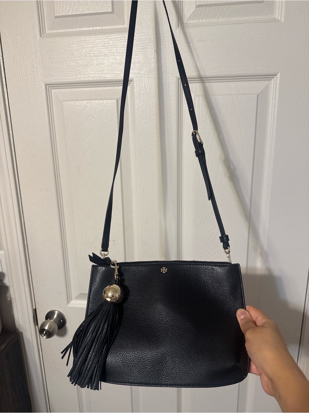 Tory Burch Black Leather Crossbody with Tassel Charm